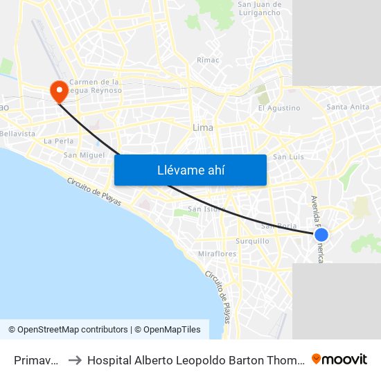 Primavera to Hospital Alberto Leopoldo Barton Thompson map
