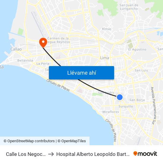 Calle Los Negocios, 499 to Hospital Alberto Leopoldo Barton Thompson map