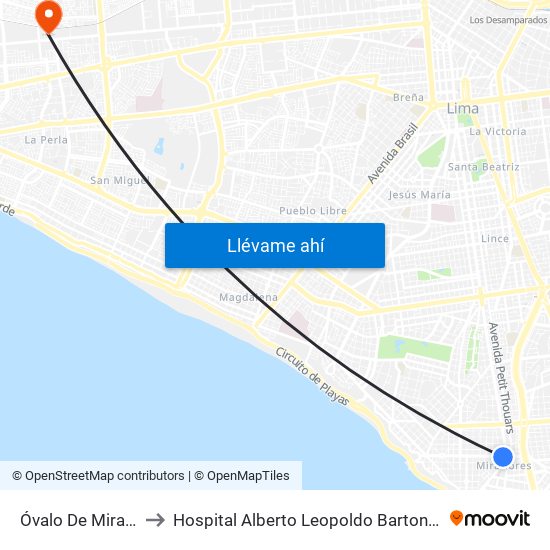 Óvalo De Miraflores to Hospital Alberto Leopoldo Barton Thompson map