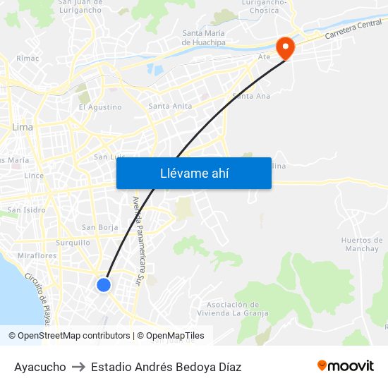 Ayacucho to Estadio Andrés Bedoya Díaz map
