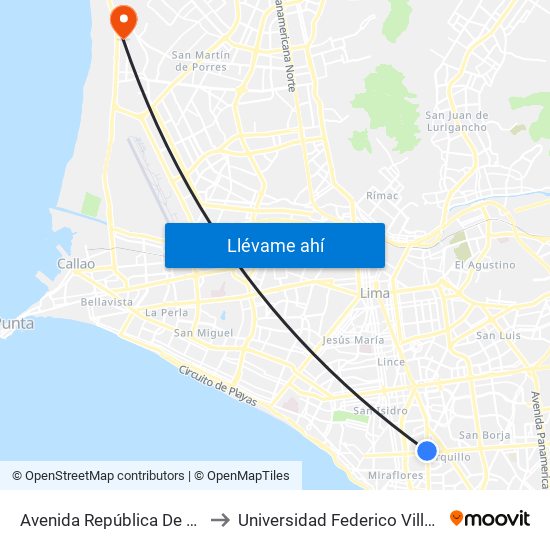 Avenida República De Panamá, 4746 to Universidad Federico Villareal - Oquendo map