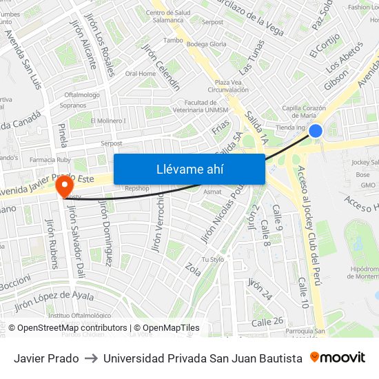 Javier Prado to Universidad Privada San Juan Bautista map