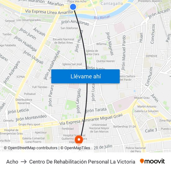 Acho to Centro De Rehabilitación Personal La Victoria map