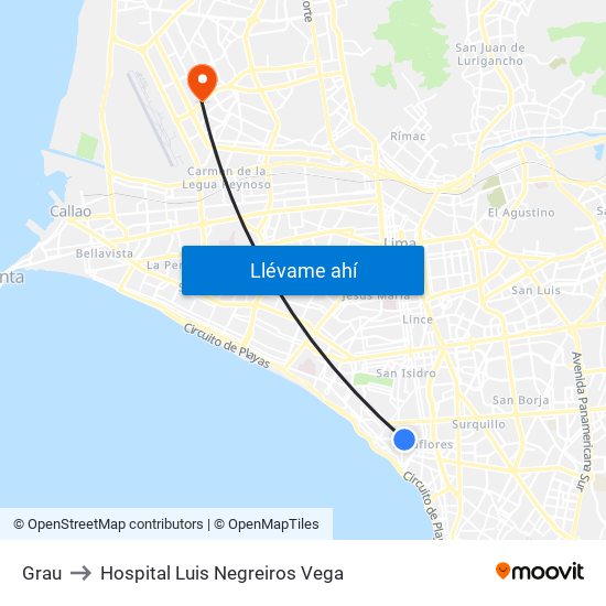 Grau to Hospital Luis Negreiros Vega map