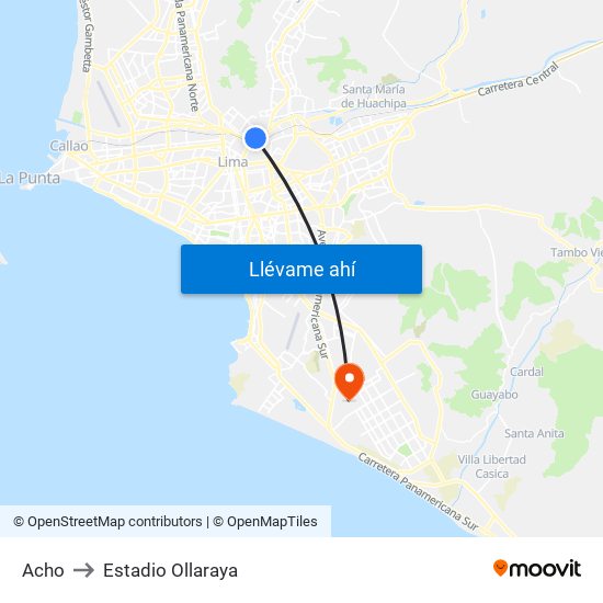 Acho to Estadio Ollaraya map