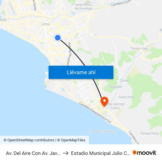 Av. Del Aire Con Av. Javier Prado to Estadio Municipal Julio César Tello map