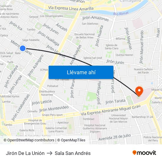Jirón De La Unión to Sala San Andrés map