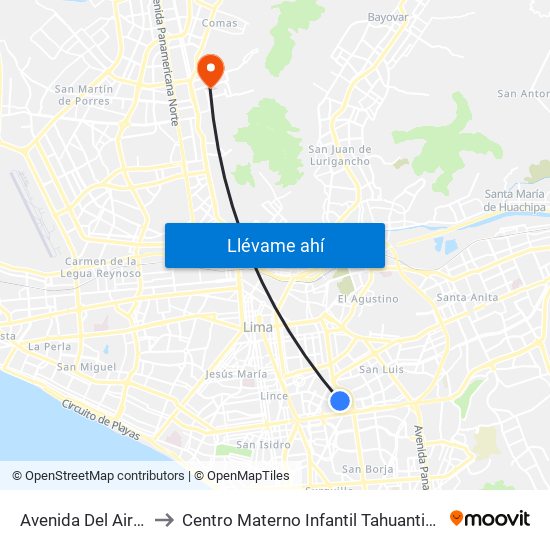 Avenida Del Aire, 601 to Centro Materno Infantil Tahuantinsuyo Bajo map