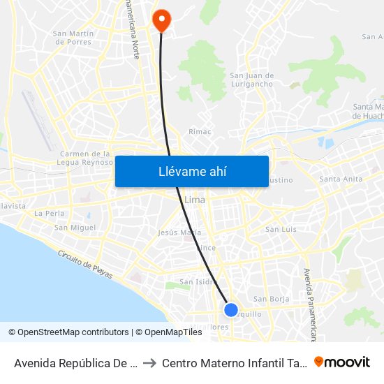 Avenida República De Panamá, 4746 to Centro Materno Infantil Tahuantinsuyo Bajo map