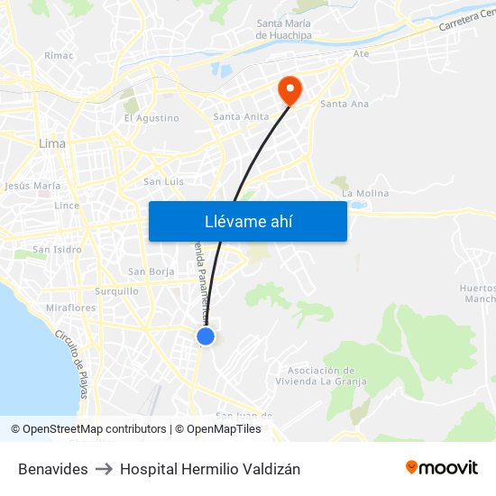 Benavides to Hospital Hermilio Valdizán map