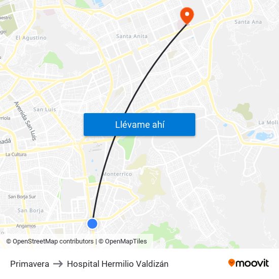 Primavera to Hospital Hermilio Valdizán map