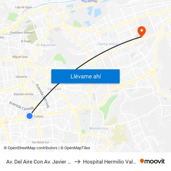 Av. Del Aire Con Av. Javier Prado to Hospital Hermilio Valdizán map