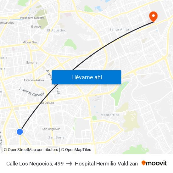 Calle Los Negocios, 499 to Hospital Hermilio Valdizán map