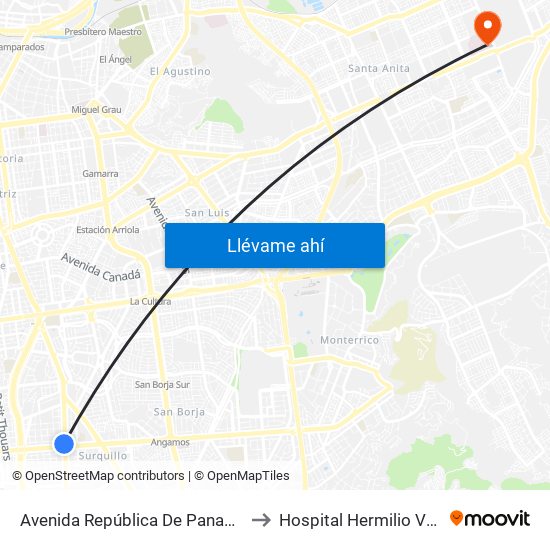 Avenida República De Panamá, 4746 to Hospital Hermilio Valdizán map