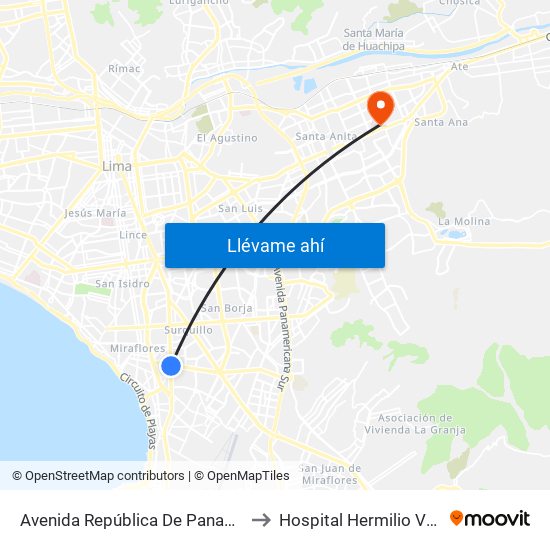 Avenida República De Panamá, 6239 to Hospital Hermilio Valdizán map