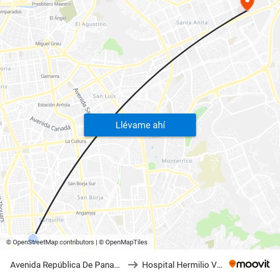 Avenida República De Panamá, 5734 to Hospital Hermilio Valdizán map