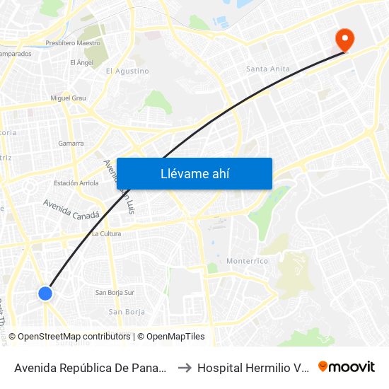 Avenida República De Panamá, 3887 to Hospital Hermilio Valdizán map