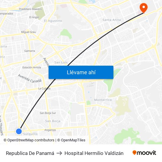 Republica De Panamá to Hospital Hermilio Valdizán map