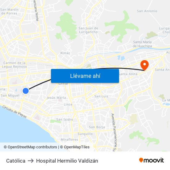 Católica to Hospital Hermilio Valdizán map