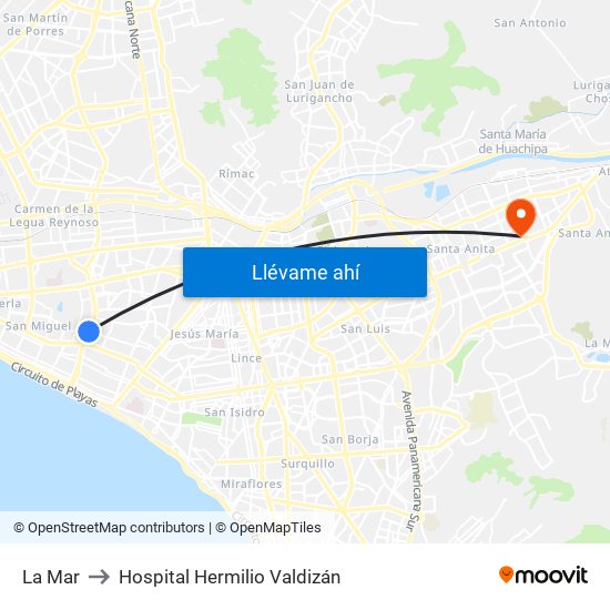 La Mar to Hospital Hermilio Valdizán map
