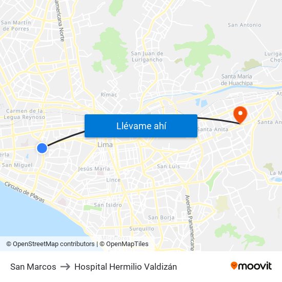 San Marcos to Hospital Hermilio Valdizán map