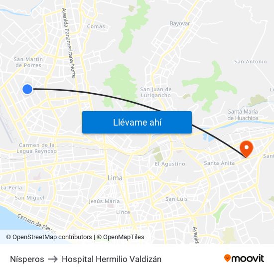Nísperos to Hospital Hermilio Valdizán map