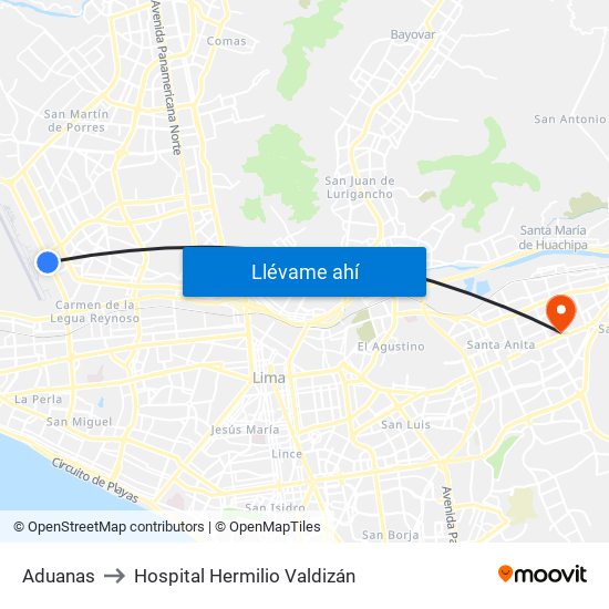 Aduanas to Hospital Hermilio Valdizán map
