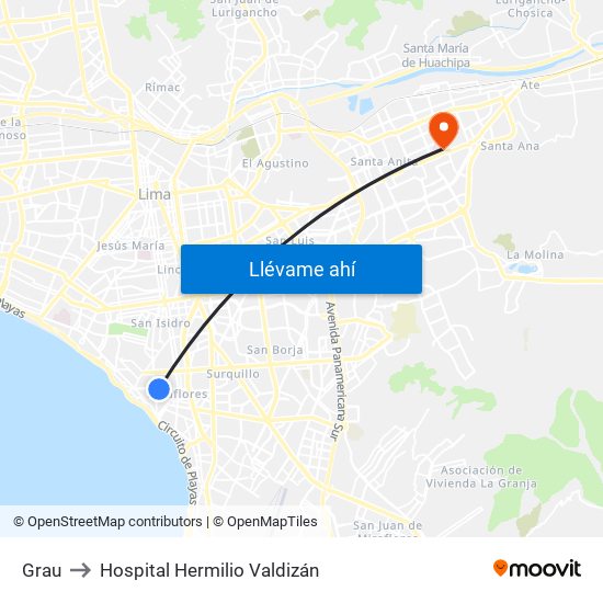 Grau to Hospital Hermilio Valdizán map