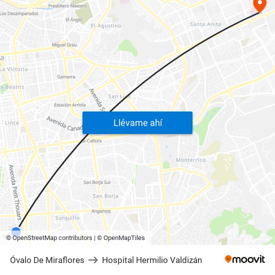 Óvalo De Miraflores to Hospital Hermilio Valdizán map