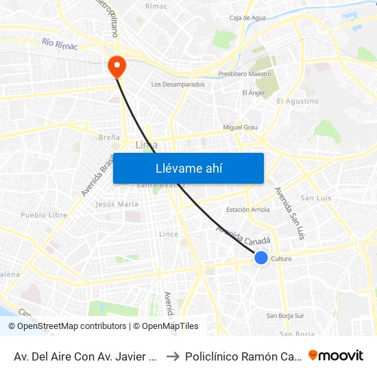 Av. Del Aire Con Av. Javier Prado to Policlínico Ramón Castilla map