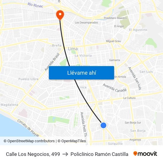 Calle Los Negocios, 499 to Policlínico Ramón Castilla map