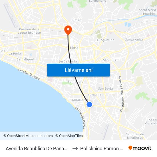 Avenida República De Panamá, 6190 to Policlínico Ramón Castilla map