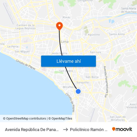 Avenida República De Panamá, 6239 to Policlínico Ramón Castilla map