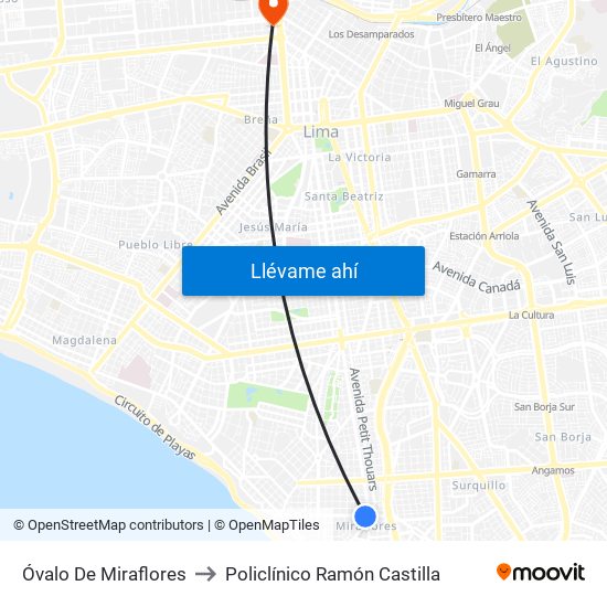 Óvalo De Miraflores to Policlínico Ramón Castilla map