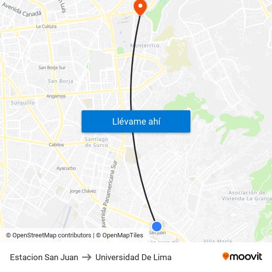 Estacion San Juan to Universidad De Lima map