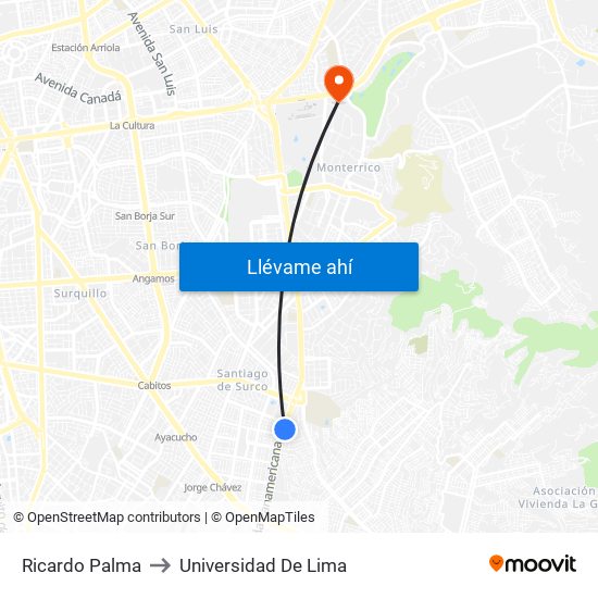 Ricardo Palma to Universidad De Lima map