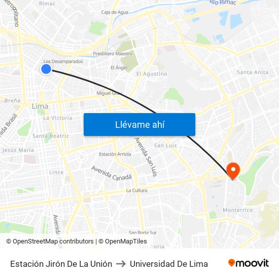 Estación Jirón De La Unión to Universidad De Lima map