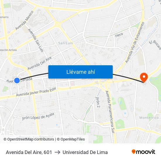 Avenida Del Aire, 601 to Universidad De Lima map