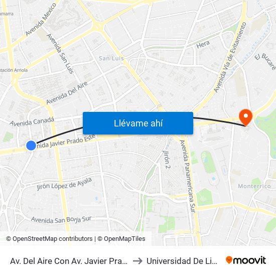 Av. Del Aire Con Av. Javier Prado to Universidad De Lima map