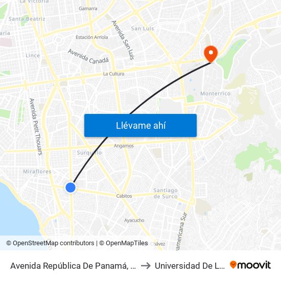 Avenida República De Panamá, 6190 to Universidad De Lima map