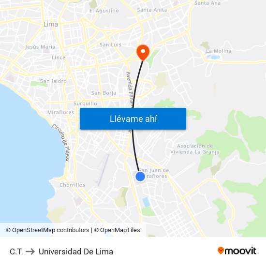 C.T to Universidad De Lima map