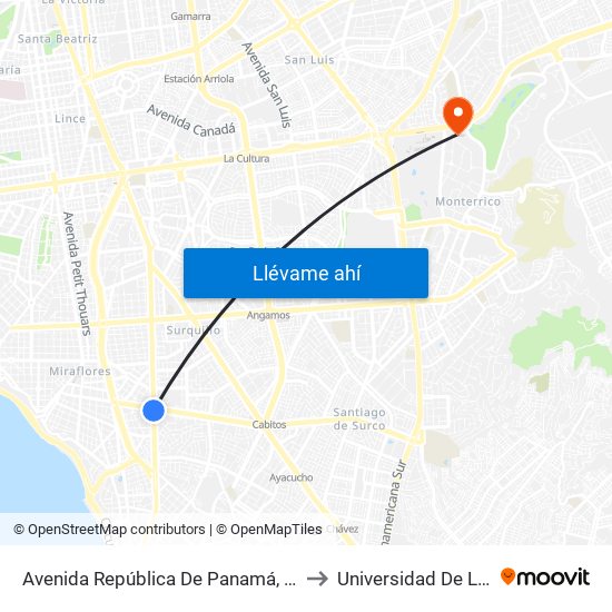 Avenida República De Panamá, 6239 to Universidad De Lima map