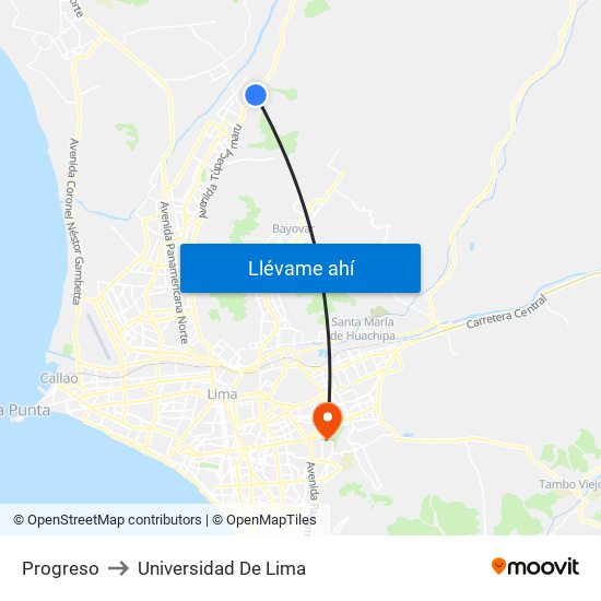 Progreso to Universidad De Lima map
