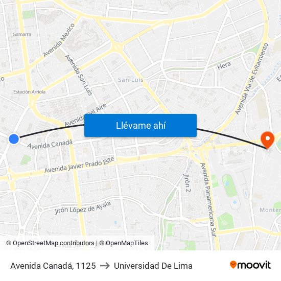 Avenida Canadá, 1125 to Universidad De Lima map