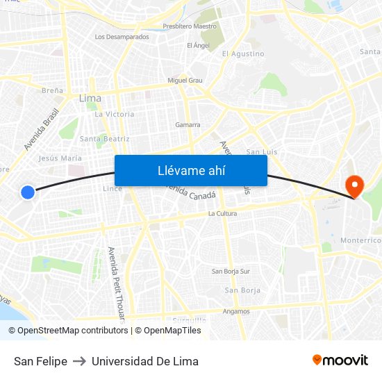 San Felipe to Universidad De Lima map
