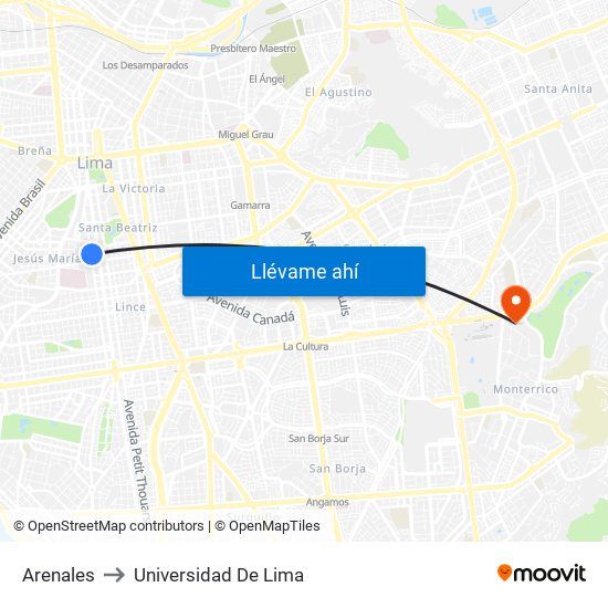 Arenales to Universidad De Lima map