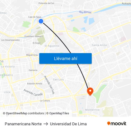 Panamericana Norte to Universidad De Lima map