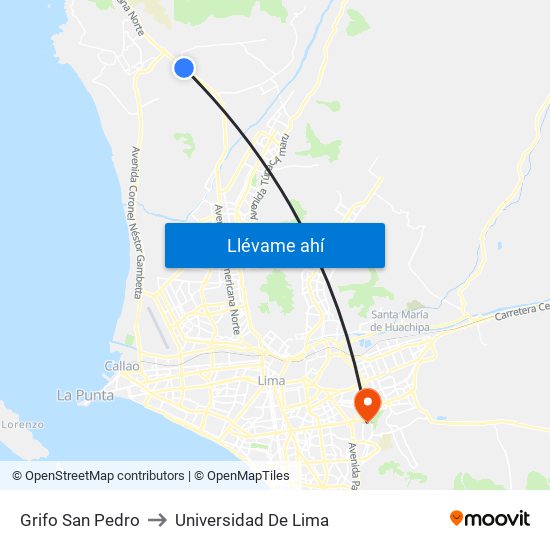 Grifo San Pedro to Universidad De Lima map