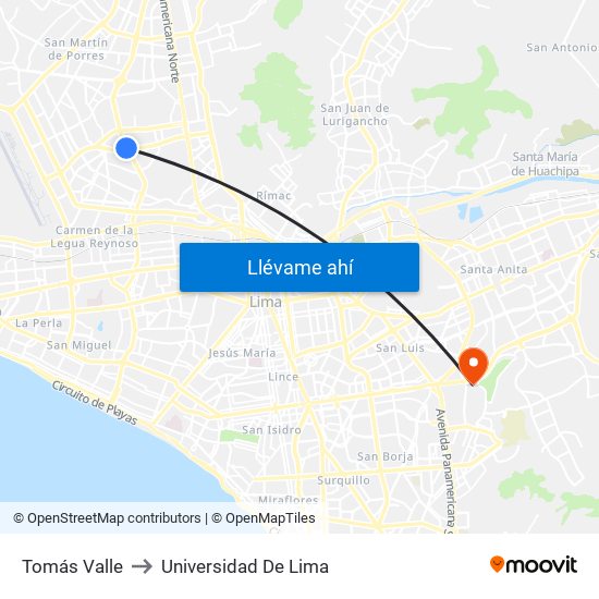 Tomás Valle to Universidad De Lima map