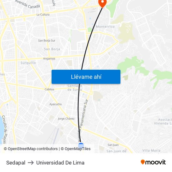 Sedapal to Universidad De Lima map